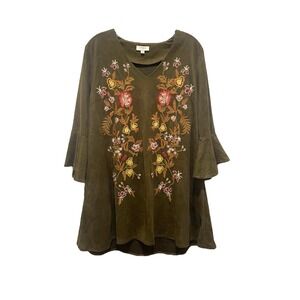 Umgee Olive Green Floral‎ Embroidered Bell Sleeve V Neck Dress Size M